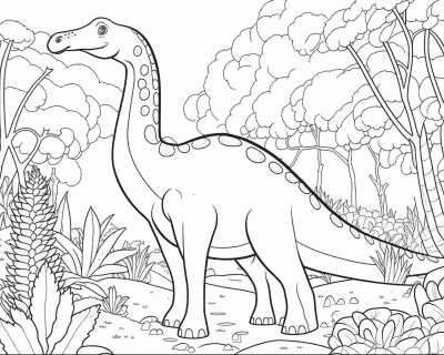 Omaľovánka dlhokrkého dinosaura s oválnymi škvrnami na krku a chrbte v lese